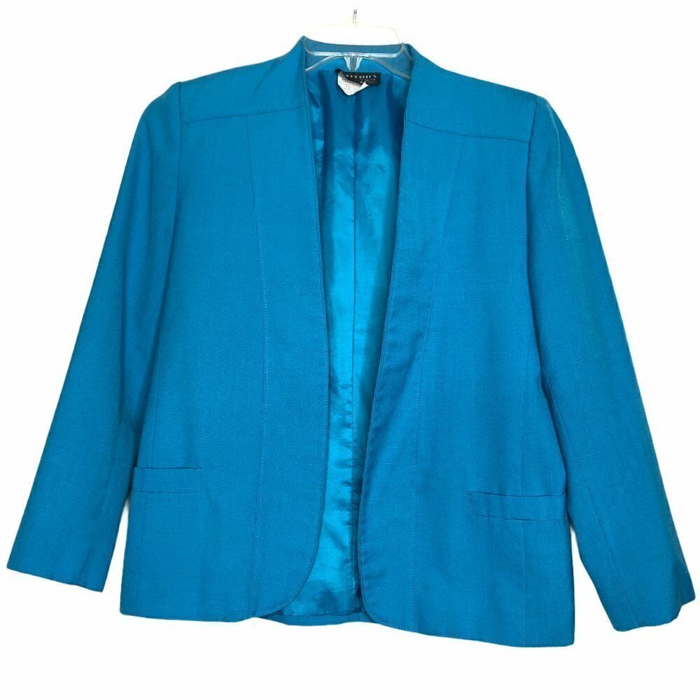 Vintage TAN JAY - Oui Petites Open Front Turquoise Blazer - Size 10P Petite